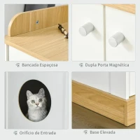 PawHut Casa para Gatos de Madeira Móvel Caixa de Areia para Gatos 2 em 1 com Bancada de Armazenamento Dupla Porta e Orifício de Entrada Lateral 75x53x67cm Branco e Carvalho(m-6)