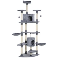 PawHut Árvore Arranhador para Gatos Grande 60x60x200cm com 2 Cavernas 2 Redes Cama Múltiplas Plataformas Postes Arranhadores de Sisal Natural e Bolas de Brinquedo Cinza(m-1)