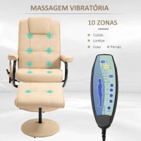 HOMCOM Poltrona de Massagem Elétrica com Banco para Apoiar os Pés Poltrona Relax Giratório Reclinável em até 145° com Controle Remoto e 10 Zonas de Massagem Estofado em PU 77x84x95cm Bege(m-6)