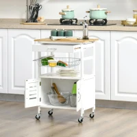 HOMCOM Carrinho de Cozinha com Rodas Carro de Armazenamento Multiúso com Bancada de Bambu Gaveta Cesta Metálica e Armário de 2 Portas de Persiana 58x37x83cm Branco(m-8)