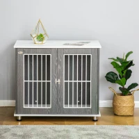 PawHut Dog Crate Wooden Pet Kennel Cage End Table w/ Lockable Door for Small Medium Dog Grey & White 85 x 55 x 75 cm(m-8)