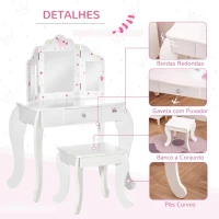 HOMCOM Toucador Infantil de Madeira com Banco e Espelho de Acrílico de 2 Sessões Mesa de Maquilhagem Infantil com Gaveta para Dormitório Sala de Jogos 63x40x85,5cm Branco(m-5)