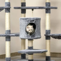 PawHut Árvore Arranhador para Gatos Grande 60x60x200cm com 2 Cavernas 2 Redes Cama Múltiplas Plataformas Postes Arranhadores de Sisal Natural e Bolas de Brinquedo Cinza(m-9)