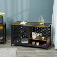 PawHut Casa para Gatos de Madeira com Mesa Superior e Prateleiras de Armazenamento e Caverna Cama para Gatos com Almofada Lavável e Porta Deslizante Aço 101x52x60cm Marrom Rústico(m-9)