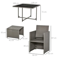 Outsunny Conjunto de Móveis de Jardim 9 Peças de Vime com Cadeiras Empilháveis Almofadas Removíveis Laváveis Mesa de Vidro Temperado para Exterior Pátio Terraço Cinza(m-3)