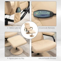 HOMCOM Poltrona de Massagem Elétrica com Banco para Apoiar os Pés Poltrona Relax Giratório Reclinável em até 145° com Controle Remoto e 10 Zonas de Massagem Estofado em PU 77x84x95cm Bege(m-5)