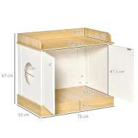 PawHut Casa para Gatos de Madeira Móvel Caixa de Areia para Gatos 2 em 1 com Bancada de Armazenamento Dupla Porta e Orifício de Entrada Lateral 75x53x67cm Branco e Carvalho(m-3)