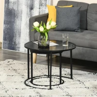 HOMCOM Conjunto de 2 Mesas Auxiliares Redondas Empilháveis Mesa de Centro Modernas com Bancada em Efeito de Mármore e Estrutura de Aço Ø60x46cm e Ø40x40cm Preto(m-4)