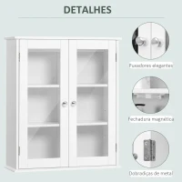 kleankin Armário Casa de Banho de Parede com 2 Portas de Cristal Armário Suspenso com Prateleiras Ajustáveis em Altura Multiuso para Cozinhas Sala de Estar 55x20x65cm Branco(m-7)