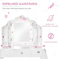 HOMCOM Toucador Infantil de Madeira com Banco e Espelho de Acrílico de 2 Sessões Mesa de Maquilhagem Infantil com Gaveta para Dormitório Sala de Jogos 63x40x85,5cm Branco(m-6)