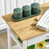 HOMCOM Carrinho de Cozinha com Rodas Carro de Armazenamento Multiúso com Bancada de Bambu Gaveta Cesta Metálica e Armário de 2 Portas de Persiana 58x37x83cm Branco(m-9)