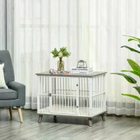 PawHut Dog Crate, Pet Cage Kennel, with Soft Cushion, Wooden Top, for Small Medium Dogs, Indoor Use, Grey(m-14)