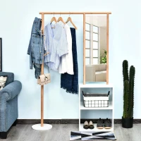 HOMCOM 100 x 34 x 164cm Multi-Functional Dressing mirror With Clothes Rack, Storage Cabinet, Bamboo color, White(m-2)