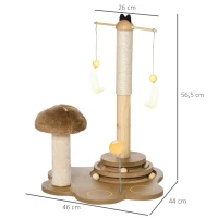 PawHut Arranhador para Gatos com Postes de Sisal em Forma de Cogumelo Brinquedo Suspenso Penas Pista de Bolas de Madeira e Bola com Mola 46x44x56,5cm Marrom e Bege(m-3)