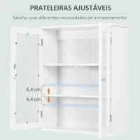 kleankin Armário Casa de Banho de Parede com 2 Portas de Cristal Armário Suspenso com Prateleiras Ajustáveis em Altura Multiuso para Cozinhas Sala de Estar 55x20x65cm Branco(m-5)