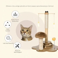 PawHut Arranhador para Gatos com Postes de Sisal em Forma de Cogumelo Brinquedo Suspenso Penas Pista de Bolas de Madeira e Bola com Mola 46x44x56,5cm Marrom e Bege(m-5)
