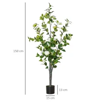 HOMCOM Camélia Artificial Planta Sintética de 150cm com Vaso de Cimento Folhas Realistas e Flores de Tecido Decoração para Casa Escritório e Exterior Verde(m-3)