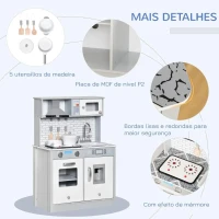 HOMCOM Cozinha Infantil de Madeira para Crianças de 3-6 Anos Cozinha de Madeira Infantil com Luz Sons Acessórios Utensílios Exaustor Lavatório e Microondas 60x29x84cm Cinza(m-5)