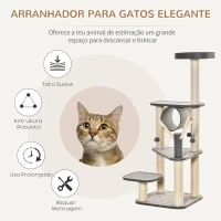 PawHut Árvore para Gatos Grande Torre de Escalar com Múltiplas Plataformas Cama Superior Túnel Postes de Arranhar de Sisal Natural e Brinquedos 49x49x130 cm Bege e Cinza(m-4)