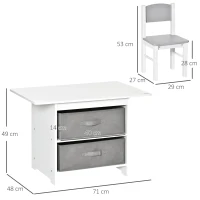 HOMCOM Conjunto de Mesa Infantil de Madeira com 2 Cadeiras 2 Gavetas de TNT de Armazenamento Mobiliário para Crianças Secretária 71x48x49cm Cadeiras 29x27x53cm Branco e Cinza(m-3)