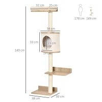 PawHut Árvore para Gatos de Parede com Múltiplas Plataformas Caverna Cama Superior Almofada Removível Postes Arranhadores de Sisal Torre para Escalar 38x30x149cm Bege e Carvalho(m-3)