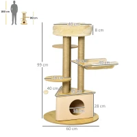 PawHut Árvore Arranhadora para Gatos Ø60x99 cm com Caverna Triangular de Feltro Removível Rede Cama Lavável Postes Arranhador de Juta e Bola Suspensa Bege e Natural(m-3)