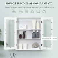 kleankin Armário Casa de Banho de Parede com 2 Portas de Cristal Armário Suspenso com Prateleiras Ajustáveis em Altura Multiuso para Cozinhas Sala de Estar 55x20x65cm Branco(m-6)