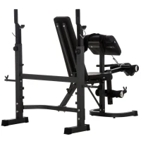 HOMCOM Banco de Musculação Multifuncional Banco de Pesos com Encosto Inclinável e Suporte de Barras com Altura Ajustável para Treinamento do Corpo Completo 187x140x117-136cm Preto(m-7)