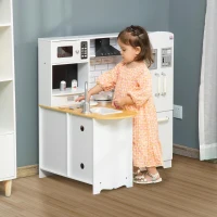 HOMCOM Cozinha Infantil de Madeira para Crianças de 3-6 Anos com Sons 14 Acessórios Cozinha Infantil com Telefone Lavatório Microondas e Grifo 82x65x87cm Branco(m-11)