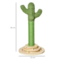 PawHut Poste Arranhador para Gatos em Forma de Cactus Pequena Árvore Arranhadora para Gatos com Poste de Sisal e Pelúcia Bola Suspensa e Base com Brinquedo de Madeira 32x32x60cm Verde(m-3)