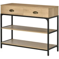 HOMCOM Mesa Consola Mesa de Entrada Estreita com 2 Gavetas e 2 Prateleiras de Armazenamento Estrutura de Aço para Corredor Entrada Sala de Estar 100x35x79,5cm Carvalho e Preto(m-11)