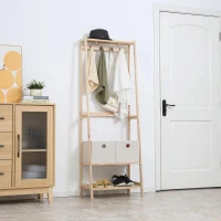 HOMCOM Suporte para Cabides de Madeira 2 Prateleiras Cabide com 2 Gavetas de Tecido 4 Ganchos e Barra para Pendurar 58x36x168cm Madeira(m-2)