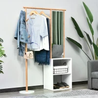 HOMCOM 100 x 34 x 164cm Multi-Functional Dressing mirror With Clothes Rack, Storage Cabinet, Bamboo color, White(m-7)
