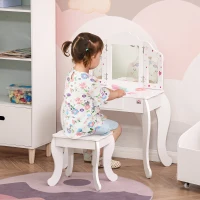 HOMCOM Toucador Infantil de Madeira com Banco e Espelho de Acrílico de 2 Sessões Mesa de Maquilhagem Infantil com Gaveta para Dormitório Sala de Jogos 63x40x85,5cm Branco(m-12)