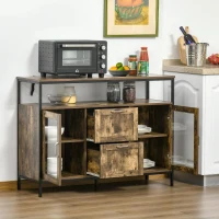 HOMCOM Aparador de Cozinha com 2 Portas de Cristal 2 Gavetas e Prateleiras Ajustáveis em Altura Armário Auxiliar de Estilo Industrial para Sala de Estar Sala de Jantar 120x40x88,5 cm Marrom Rústico(m-8)