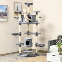 PawHut Árvore Arranhador para Gatos Grande 60x60x200cm com 2 Cavernas 2 Redes Cama Múltiplas Plataformas Postes Arranhadores de Sisal Natural e Bolas de Brinquedo Cinza(m-2)