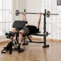 HOMCOM Banco de Musculação Multifuncional Banco de Pesos com Encosto Inclinável e Suporte de Barras com Altura Ajustável para Treinamento do Corpo Completo 187x140x117-136cm Preto(m-2)