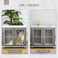 PawHut Dog Crate Wooden Pet Kennel Cage End Table w/ Lockable Door for Small Medium Dog Grey & White 85 x 55 x 75 cm(m-4)