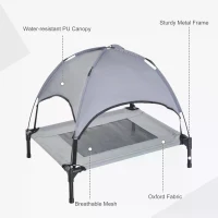 PawHut Raised Dog Bed Waterproof Elevated Pet Cot with Breathable Mesh UV Protection Canopy Grey, for Medium Dogs, 76 x 61 x 73cm(m-6)