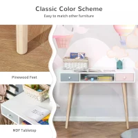 HOMCOM Kids Wooden Study Table Writing Desk with Drawer Ergonomic 39" x 19" x 30" White and Pink(m-5)