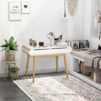 HOMCOM 2 Drawer Dressing Vanity Table with Wood Legs Dresser Makeup Desk for Home Bedroom, Natural Wood Colour White(m-7)