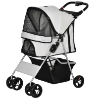 PawHut Carrinho para Animais de Estimação Dobrável para Cães com Capô Ajustável Cesta de Armazenamento e Rodas com Freio Tecido Oxford Estrutura de Aço 74x46x94cm Cinza(m-1)