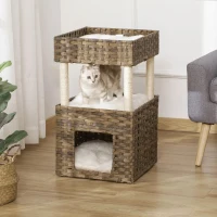 PawHut Árvore Arranhadora para Gatos de Vime Torre para Gatos Médios com Caverna 2 Camas Postes de Sisal Natural e Almofadas Laváveis de Pélucia Suave 40x40x70cm Marrom(m-2)