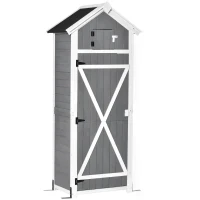 Outsunny Garden Wood Storage Shed with Workstation, Hooks and Ground Nails Multifunction  Lockable Sheds & Outdoor Storage Asphalt Roof Tool Organizer, 182 x 78 x 52.5cm, Grey(m-11)
