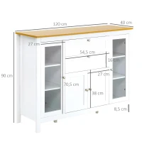 HOMCOM Aparador de Cozinha com Armário 2 Gavetas 2 Portas de Vidro e Prateleiras Ajustáveis Móvel Auxiliar de Armazenamento para Sala de Jantar Sala de Estar 120x40x90cm Branco(m-3)