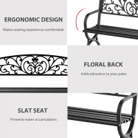 Outsunny 2 Seater Metal Garden Bench Garden Park Porch Chair Outdoor Patio Loveseat Seat Black(m-5)
