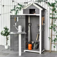 Outsunny Garden Wood Storage Shed with Workstation, Hooks and Ground Nails Multifunction  Lockable Sheds & Outdoor Storage Asphalt Roof Tool Organizer, 182 x 78 x 52.5cm, Grey(m-2)
