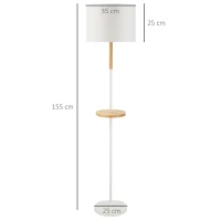 HOMCOM Candeeiro de Pé com Prateleira de Madeira Ecrã de Tecido Suporte para Lâmpada E27 Máx. 40W com Interruptor de Pé Moderno para Sala de Estar Dormitório Estúdio Ø35x155cm Branco(m-3)
