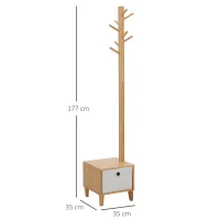 HOMCOM Cabide de Pé de Bambu com Banco Gaveta de Tecido e 8 Ganchos para Pendurar Roupa Bolsas Casacos para Entrada Sala de Estar Corredor 35x35x177cm Natural(m-3)