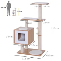 PawHut Árvore Arranhadora para Gatos de Madeira 71,5x49,5x120cm Torre para Gatos com Caverna Plataformas Postes Arranhadores de Sisal Almofadas de Pelúcia Suave e Bolas Suspensas Natural(m-3)